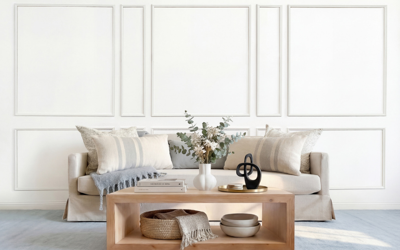 Brooklyn Estate Ten Piece Wall Moulding Kit installed on white living room accent wall — peel and stick real wood picture frame wall moulding made in the USA by Luxe Architectural