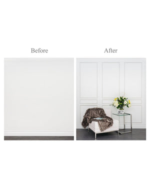 Before and after image showing a feature wall upgraded with the Removable & Reusable Classic Nine Piece Wall Moulding Kit, adding refined panel detail with premium wood mouldings.