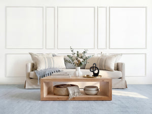 Brooklyn Estate peel and stick wall moulding kit installed in a livingroomon a 16' wall. Fully assembled real wood frames made by carpenters in the USA.