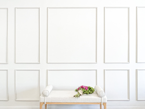 Elegant living room featuring Brooklyn Reserve peel and stick wall panel moulding kit with architectural picture frame layout.