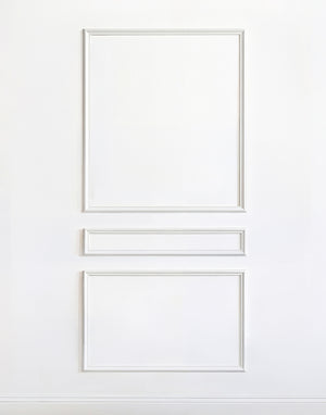 Self-adhering wall moulding kit with three fully assembled frames, perfectly proportioned for 10'–11' ceilings. Handcrafted from real wood in the USA.