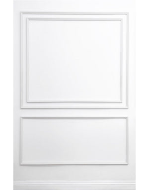 Removable and reusable self-adhering wall moulding kit featuring layered double-panel design with nested inner frame, handcrafted from real wood in the USA. Renter-friendly with complimentary replacement adhesive.