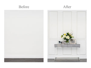 Before and after image showing a feature wall transformed with the Removable & Reusable Brooklyn Six Piece Wall Moulding Kit, highlighting the impact of its taller scale panel layout.