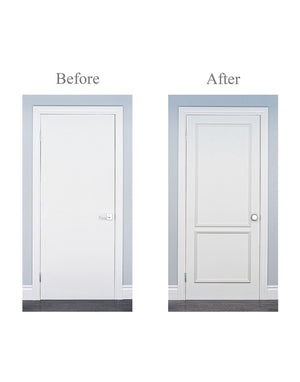 Before and after image showing a flat interior door upgraded with the Brooklyn two piece door moulding kit, transforming it into a classic, architectural paneled door.