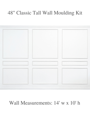 Classic Tall Nine Piece Wall Moulding Kit showing three-panel layout with top, middle, and bottom mouldings for 14' w x 10' ceiling.