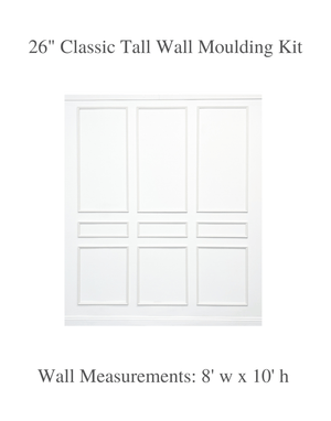 Classic Tall Nine Piece Wall Moulding Kit creating a full feature wall in a living room that is 8' wide with 10' ceilings. Three-panel layout with middle rail detail.