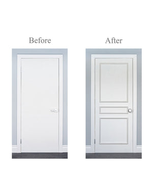 Before and after image showing a flat interior door upgraded with the Classic Three piece door moulding kit, transforming it into a bold, architectural paneled door.