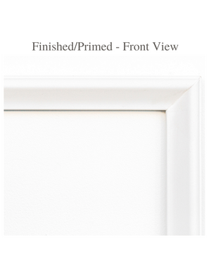 Close-up of real wood wall moulding corners with clean mitered joints and smooth primed/painted finish