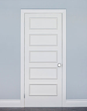 Five piece premium wood door moulding kit designed to add a retro-inspired raised panel look to flat interior and exterior doors.