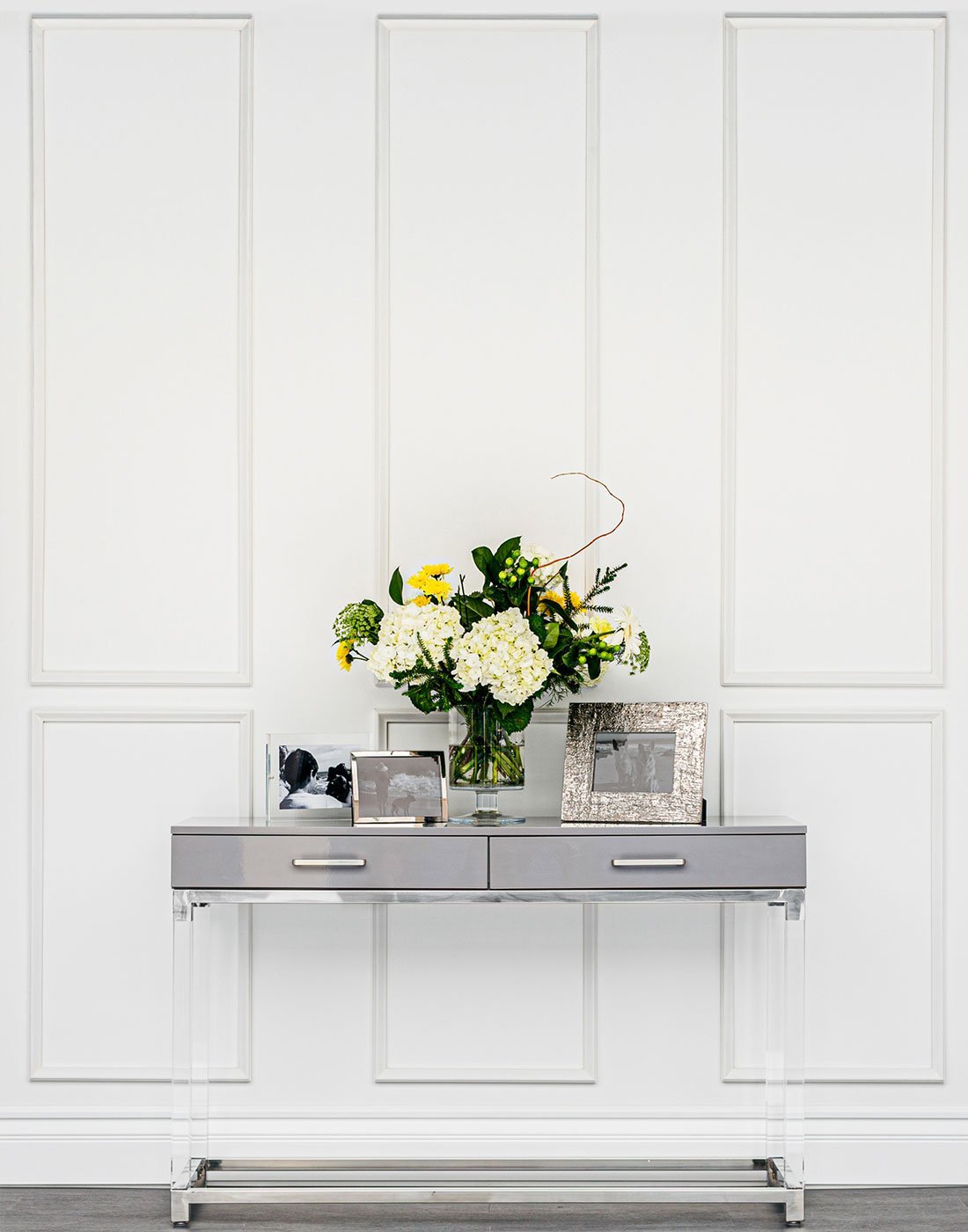 Removable Brooklyn Six Piece wall moulding kit installed on a feature wall, showcasing a taller scale panel design that draws the eye upward.