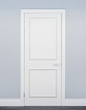 Removable and reusable two piece premium wood door moulding kit designed to add a paneled look to flat interior doors using temporary adhesive.